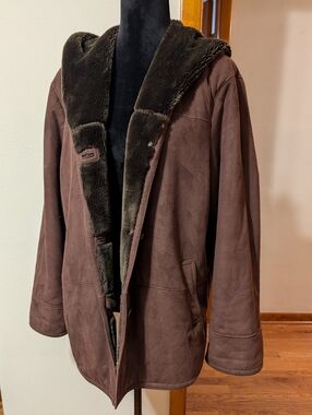 Chocolate Brown Button Up Faux Leather Fur Lining Gallery Hooded Winter Coat